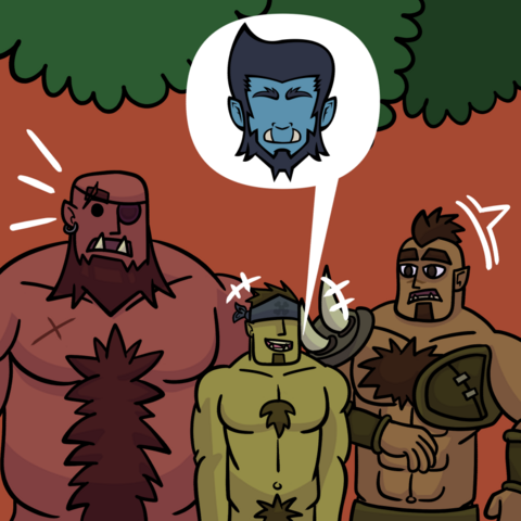 A drawing of three orcs. The small green orc is talking about a blue half-orc he met, which surprises the others.