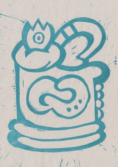 Linocut by Russ Sharek which reads 