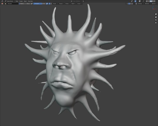A 3D sculpt of an angry face, in a grey colour. The face has horns sticking out all around the edges.