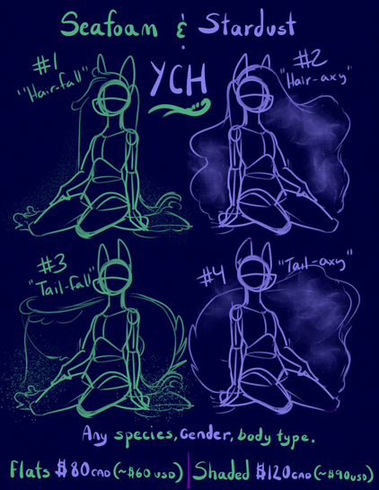 a sketch collage that shows 4 versions of the same pose, a character sitting/kneeling with one hand to the floor and one hand on their thigh, sitting upright. 2 poses show hair turning into waterfalls or galaxies, and the other shows the same for tails. Reads 