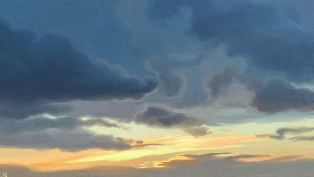 Digital painting of a sunrise sky, blue-grey clouds in the top half that are faintly lit by the stripe of yellow light in the lower half. There are a few shades of orange in a few places, and some smaller clouds floating haphazardly.