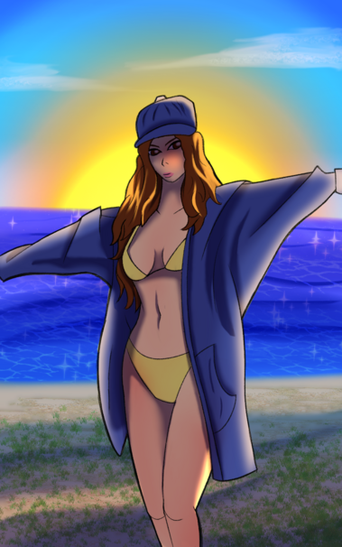 A digital drawing of a woman in a yellow bikini and blue jacket and hat. She has her arms stretched out and is standing on a beach with the sun behind her.