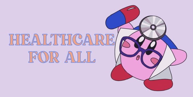 Kirby dressed as a doctor, holding a red and blue pill. Orange text with a blue outline reads 