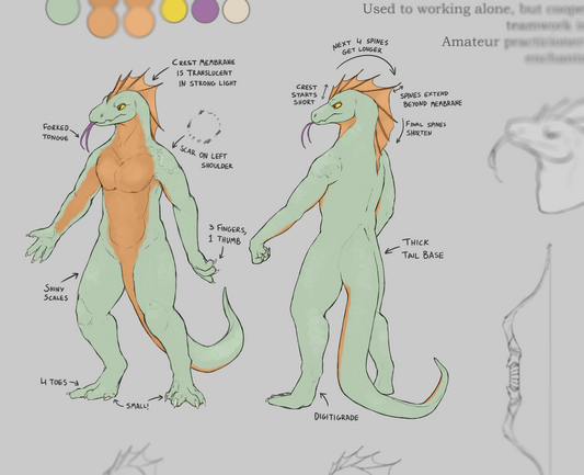 Work in progress refsheet for a green and orange lizard character.