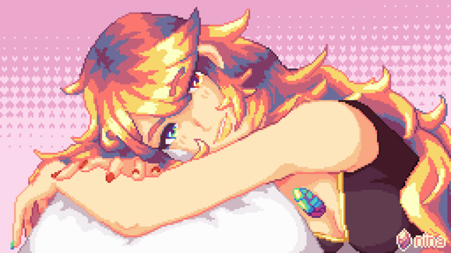 A pixel art illustration of a woman with long blonde hair laying on a pillow with a light heart background. She has a green and red eye, with golden lipstick and a crystal embedded into her chest.