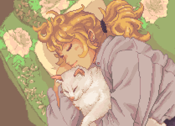 A pixel art illustration of a girl in a ponytail sleeping with a soft white cat in her arms. They are laying on a garish 80s-90s sofa.
