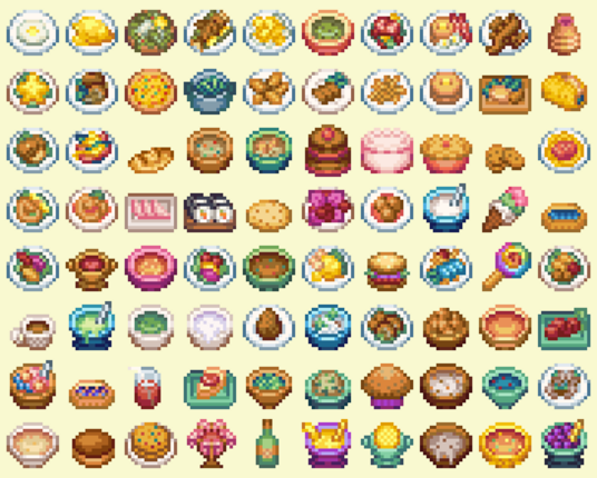 A large 8 x 10 grid of 16x16 pixel meal icons. They are remakes of the meals from stardew valley.