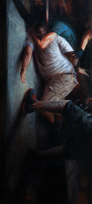 An oil painting of the death of Eric Gardner. The composition is vertical and has visual elements that draw a visual metaphor to the historical crime of lynching.  