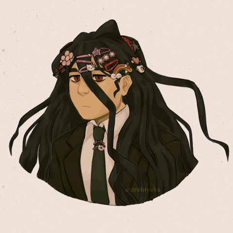a digital headshot drawing of kamukura izuru from the dangan ronpa franchise. he has a bunch of varying cute hair pins in his hair, pinning to the side his bangs and some of his messy hair. there are two more cute hairpins on his tie. kamukura himself still has his usual blank expression.