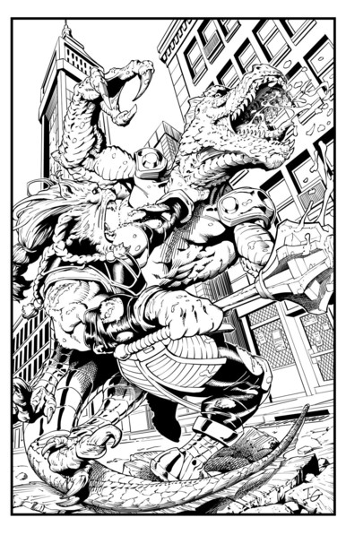 A digital ink drawing of Battle Beast fighting Dinosaurus from Invincible in the middle of a city street.