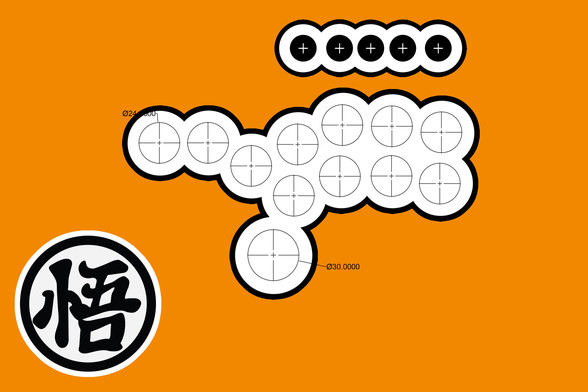 diseño de layout del hitbox inspirado en el gi de son goku. hay 17 botones con un reborde blando y negro sobre un fondo naranja y en la parte inferior izquierda el kanji del uniforme de goku
