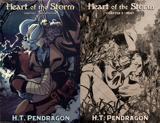Two covers evocative of old pulpy romance novels, titled Heart of the Storm. One is in full colour, while the other is in sepia and watermarked with work in progress. They feature the same characters, a blue skinned demon woman and a dark skinned human woman. The first depicts them swinging dramatically across a ship amidst a storm, the second lying peacefully amidst a floral woodland.