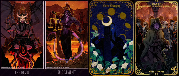 A series of symbolic, tarot card style pieces. 3 correspond to tarot cards, depicting the devil, judgement, and  a combination of the death and hanged man cards respectively. they each feature clients' DnD characters, the first two a matching set. The fourth card is a moon themed card titled 