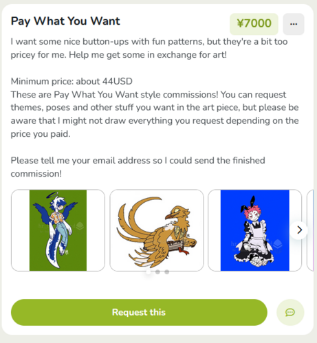 A screenshot of a Pay What You Want commission option from ko-fi.