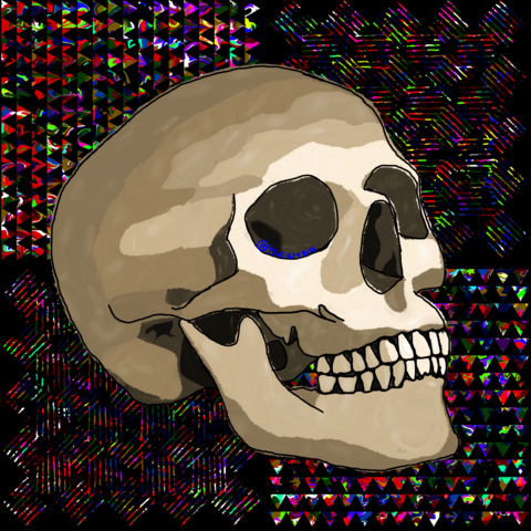 A skull in the center angled towards the right on a rainbow background with black triangle and slash mark shaped cut outs. 