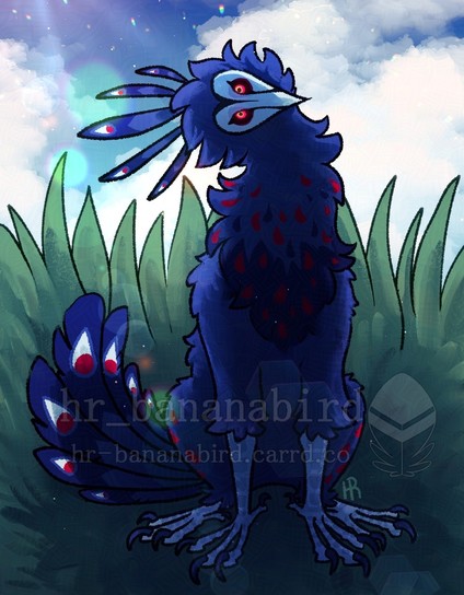 Digital art of a four legged feathered creature with a long neck and a face that resembles a white bird mask. They are covered in mostly blue feathers with some red feathers mixed in, and have four bird legs. They are sitting in a grassy field and are looking at the viewer with their head tilted, as it they don't quite understand what they're looking at.