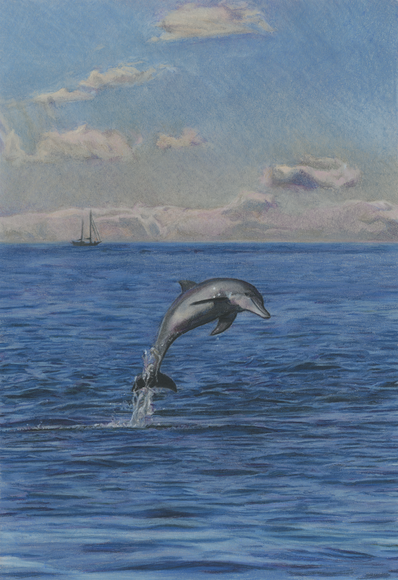 This is a colorful pastel painting of a jumping dolphin. The sky is blue, there are some bigger individual clouds in the sky, in the horizon there is a collective body of clouds. The ocean ripples, the water is splashing and sparkles fly, where dolphin is jumping out of the water. The dolphin is jumping to the right. A lone sailing ship is visible in the distance.