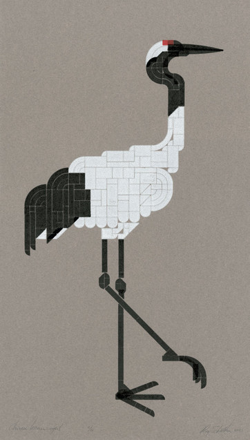 A stylized print of a big bird standing. Printed on a warm gray paper, facing right it has a long neck and feet. The body is white, neck, beak, face, tail and feet are all black. The back of the head is white and there's a red accent right on top of its head. One foot is lifted from the ground.