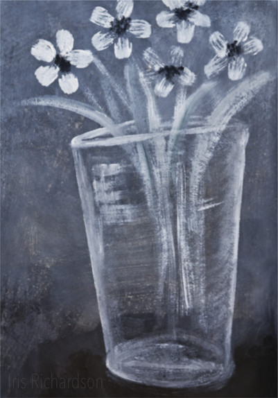 A transparent glass vase contains several white flowers, depicted against a dark, muted background. The overall mood is minimalistic and somber. It was created for the 4-day art challenge vace in black and white. Artist Iris Richardson, Gallery Pixel