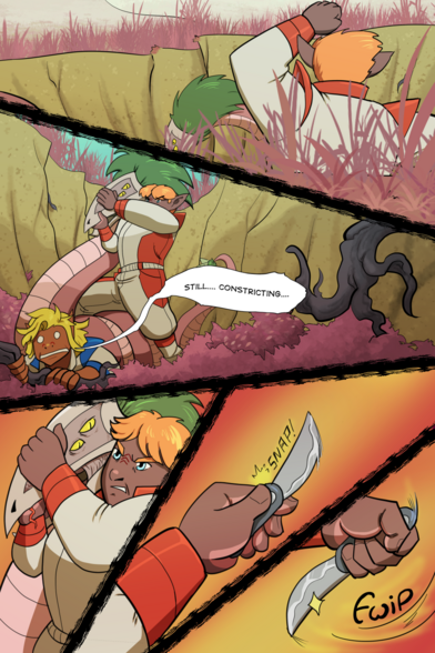 A comic page of a person in a sci-fi jumpsuit grappling a giant snake.