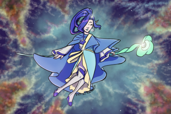 a blue space-themed magical girl floating in a nebula