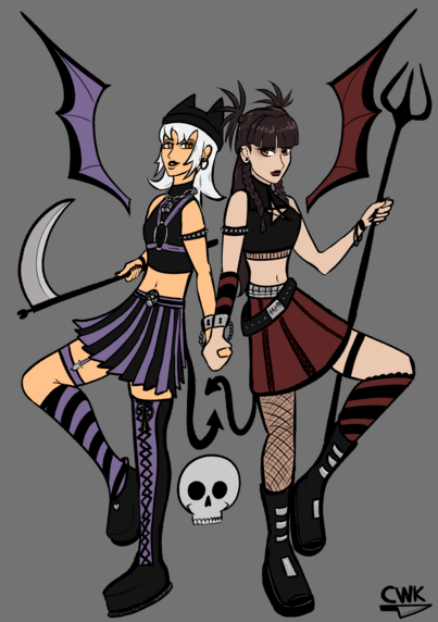 2 goth girls holding hands and posing. one has purple and the other red accents. the purple one, crab's OC named April, has a goth harness on and a scythe in hand. Naomi, the other girl, has a pitchfork, multiple belts, and eye shadow. 
the hands that are being held are also chained together. there is a skull in the bottom of the image. They both have color coordinated wings coming out the sides.