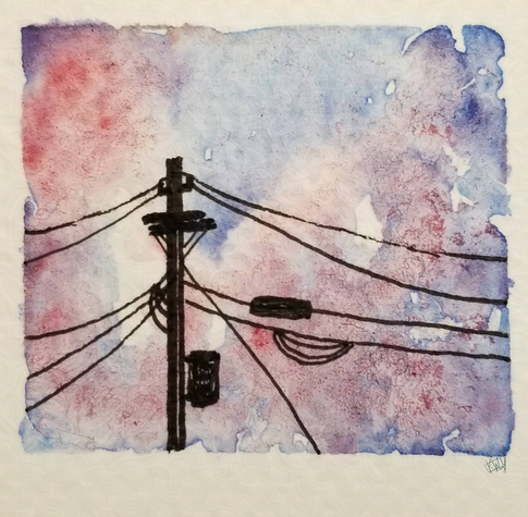 A telephone pole & powerlines stand in front of a mass of watercolor clouds glowing pink & purple at sunset.