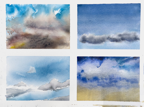 A series of four cloud study paintings arranged in a two by two grid. 