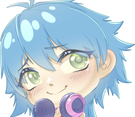 Cropped portrait of Aoba, from Dramatical Murder. He has blue, messy hair and green eyes. He has his headphones aroun his neck and looks at the camera bashfully.