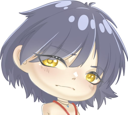 Cropped portrait of a chibi version of Ren, from Dramatical Murder. He is a guy with dark, messy hair and golden eyes. He looks flustred.