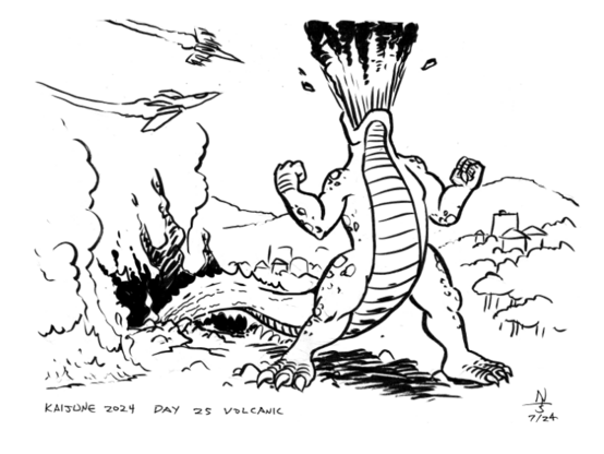 cartoony drawing of a godzilla-style monster, with tail plunged into the ground and drawing up energy, and mouth erupting like a volcano