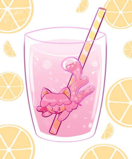 Art of a shark-cat OC, the top of the body is fluffy and cat-like, and the lower is clear and filled with pink lemonade, ice cubes and lemon slices. She's happily swimming in a big glass of pink lemonade with a yellow striped straw inside. The background is white with lemon slices placed randomly everywhere. 