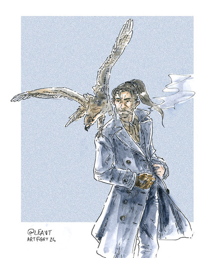 Watercolour illustration of Cross, a man with long black hair in a ponytail and a five o clock shadow, standing with confidence, he is wearing a long coat and smoking a cigarette. On his shoulder, Mira, a large brown hawk, is perched and ready to take flight.