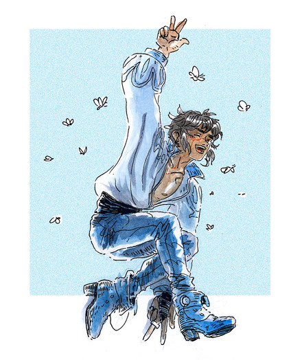 Watercolour illutration of Selene, a young person with dark skin and dark hair dressed in blue, jumping hapilly in the air and taking a cool pose. White butterflies are flying around them
