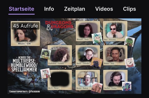 Screenshot von Twitch vom Orkenspalter TV Kanal mit dem Overlay der Strixhaven-Kampagne mit allen Portraits der Spielenden.