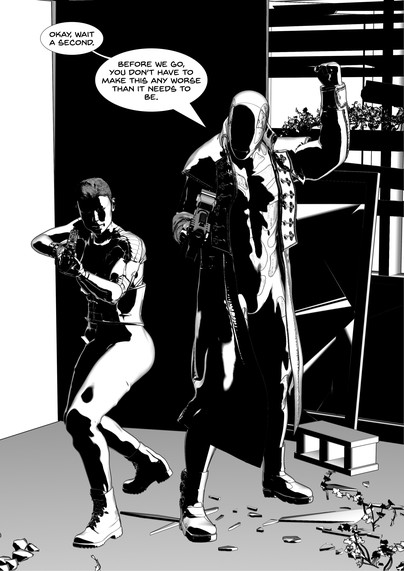 A black and white line drawing of two figures in cyberpunk clothing - a powerfully built, male presenting figure, and a shorter, still quite muscular, female presenting figure.

They are both pointing their guns at the point of view. 

The male presenting figure has speech bubbles saying, 