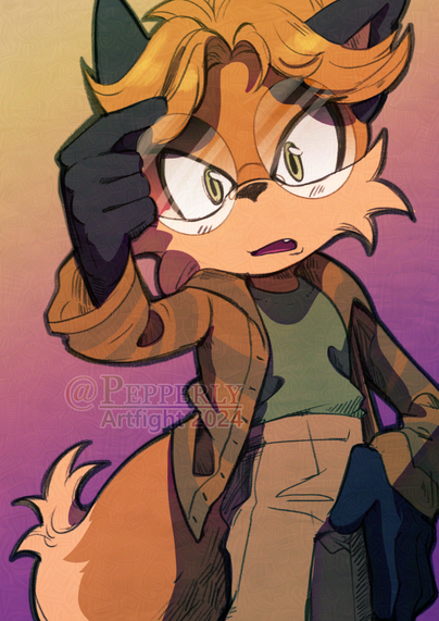 A sketchy drawing with loose cell shading of a mostly orange fox with loose green and brown clothes, holding their glasses up with one hand.