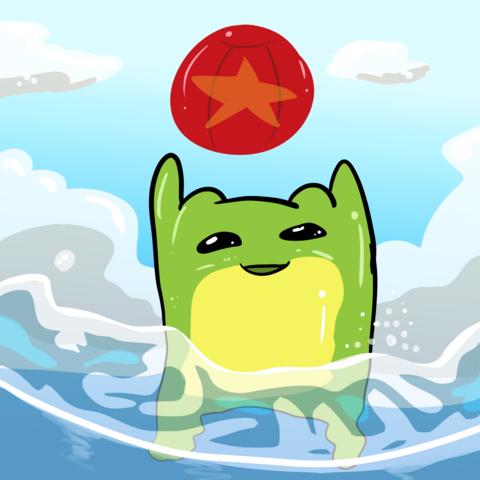 Froggelio inside the water of the beach playing with a red ball with a yellow star on it.