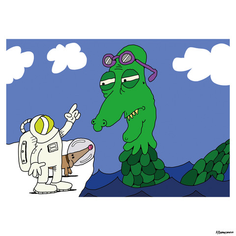 Raumfahrer Wilson und das Ungeheuer von Loch Ness unterhalten sich über eine verlegte Brille.