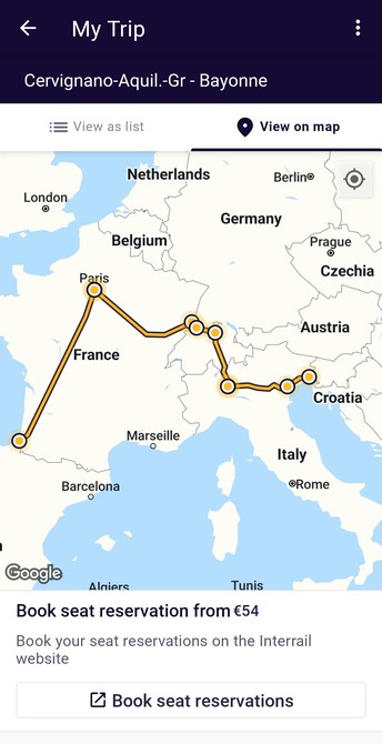 Screenshot på planerad resväg från Italien mot Hendaia. 