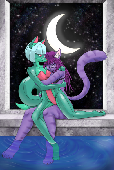 Painting of pooltoy vixen getting cuddles from purple cat in bikinis at a pool with a crescent moon in the background.