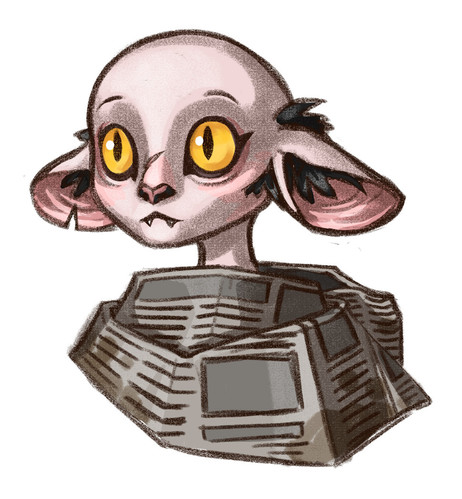 Digital illustration in a sketchy style. Portrait of a humanoid creature with a big head and huge, catlike golden-yellow eyes. He has big floppy ears tufted with black fur, a cat’s nose, and a small mouth with two pointy teeth. He is bald, with pale skin. He wears a dirty newspaper wrapped around his shoulders like a scarf.
