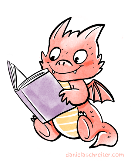 Comic Illustration: ein kleiner roter Drache liest in einem Buch.