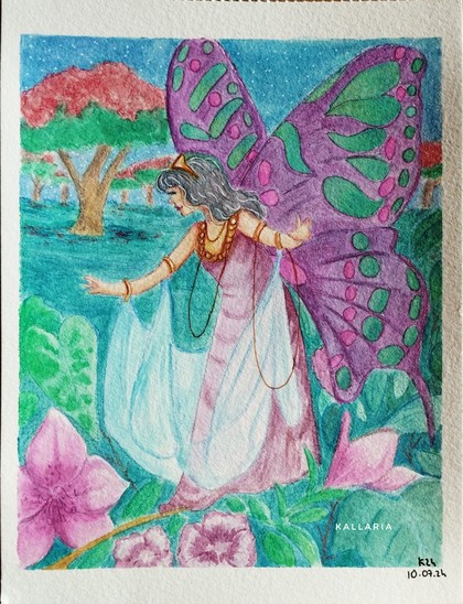 Aquarelle représentant une fée aux ailes violettes marchant sur une petite branche. De grosses fleurs ainsi que des feuilles vertes sont visibles en bas de l'illustration. À gauche de l'image on peut voir deux grosses feuilles d'une plante verte. En fond on peut voir des flamboyants fleuris. 