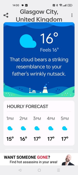 Carrot Weather app telling me that a cloud up there looks like my father's wrinkly nut sack.