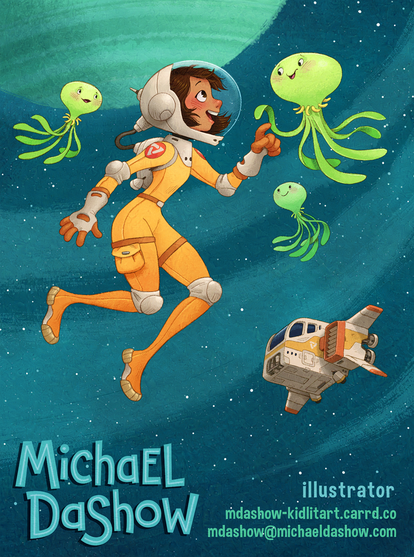 A middle-grade girl in a bright yellow-orange spacesuit floats in space, reaching out to greet one of several octopus-like aliens that float in space with her. Nearby is her small spaceship, and gas-giant hangs in the distance.