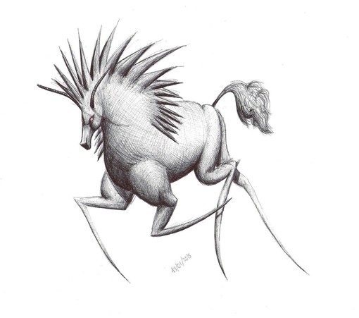 Ball point pen drawing of a horse like creature with pointy feet and spiky horsehair