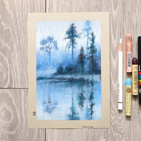 Original oil pastel painting - Blue Misty Morning
An oil pastel painting of a lake, islands and trees with mist. The palette for the painting is mostly blue.
Materials: oil pastel, mixed media, acid free beige pastel paper
Width: 14.5 centimetres
Height: 21 centimetres
About this item