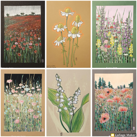 A photo collage of some of my Flowers and floral landscape art.  A poppy field at dawn, chamomile flowers, a multi coloured flower bed, a bed of pink and blue flowers, lily of the valley and a field of orange poppies. 
