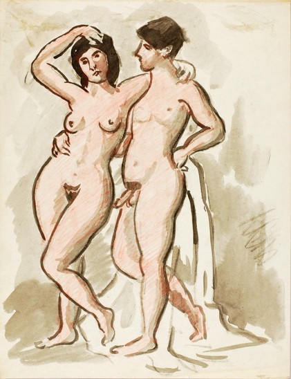 A sketch of a nude man and woman standing side by side